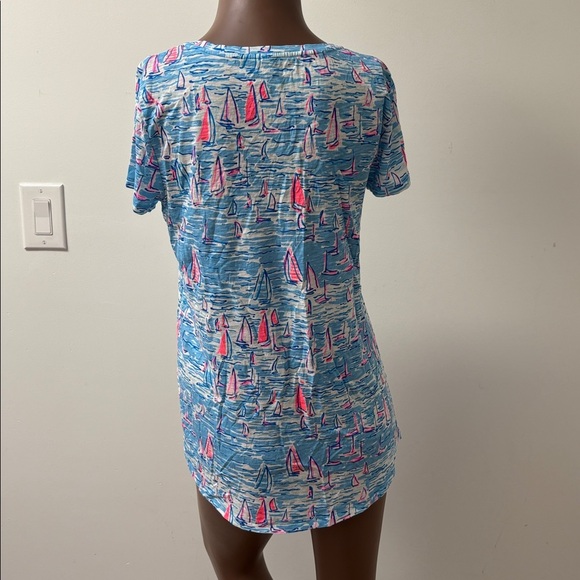 Lilly Pulitzer Etta Scoop Neck Top Tshirt boatylicious Zanzibar Blue Pink Small - Picture 5 of 7
